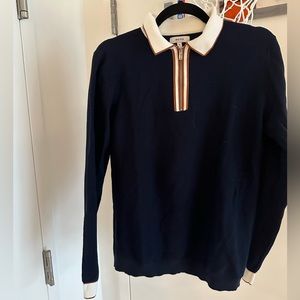 REISS - Navy Textured Cotton Polo - Long-sleeve